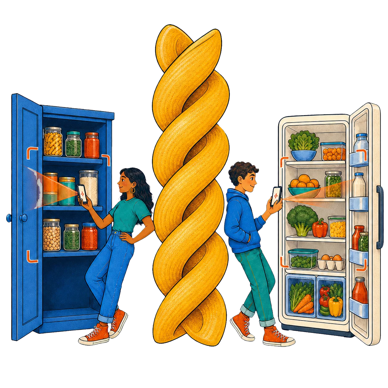 Two people scanning an open pantry and refrigerator beside an oversized fusilli.