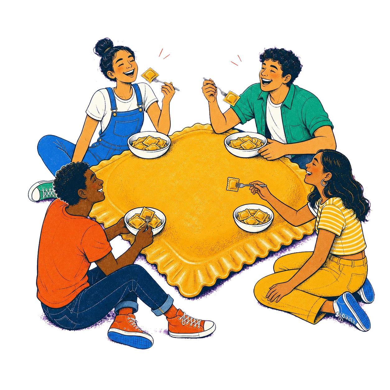 Four friends sharing dinner around an oversized ravioli.