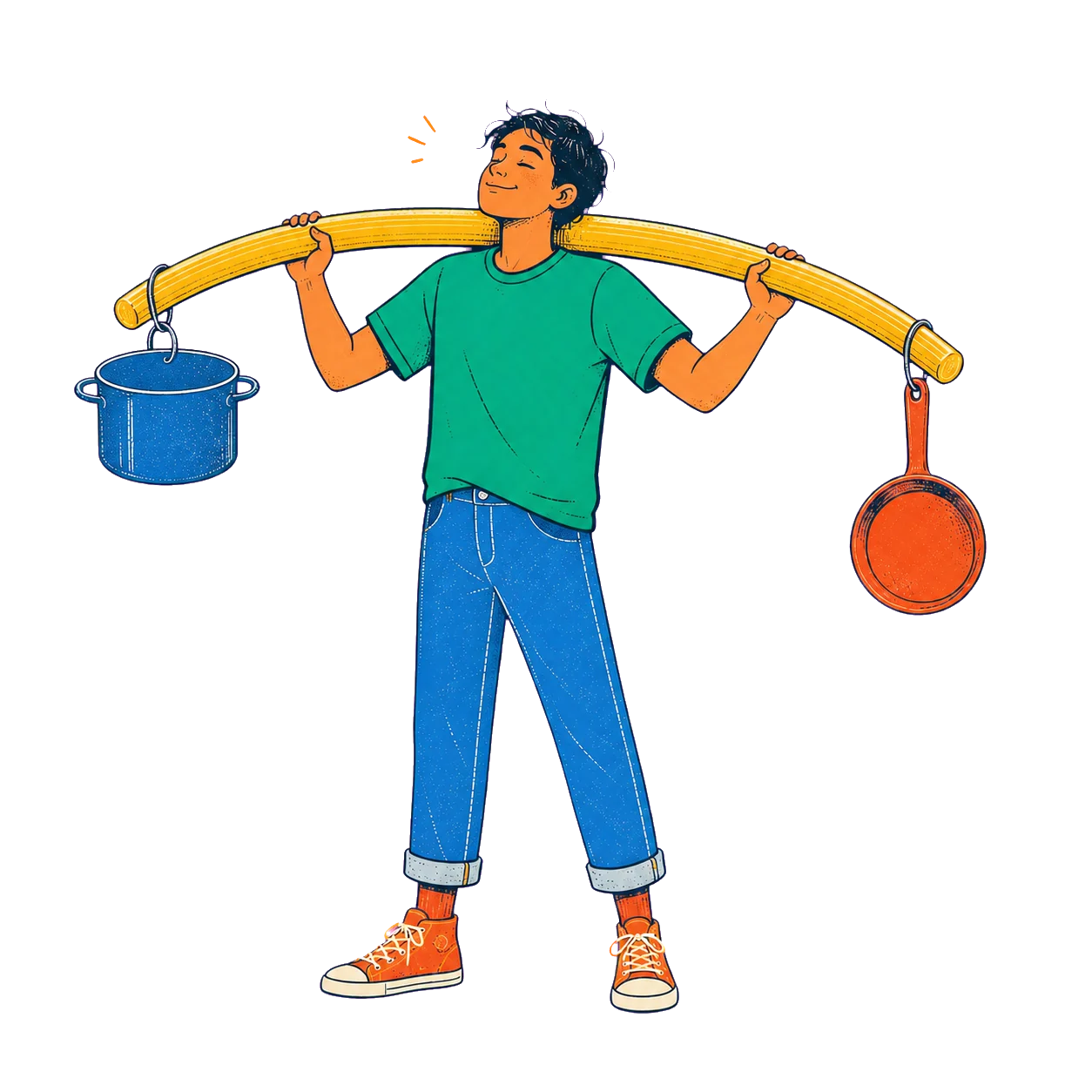 A cook carrying a pot and pan on an oversized strand of spaghetti.