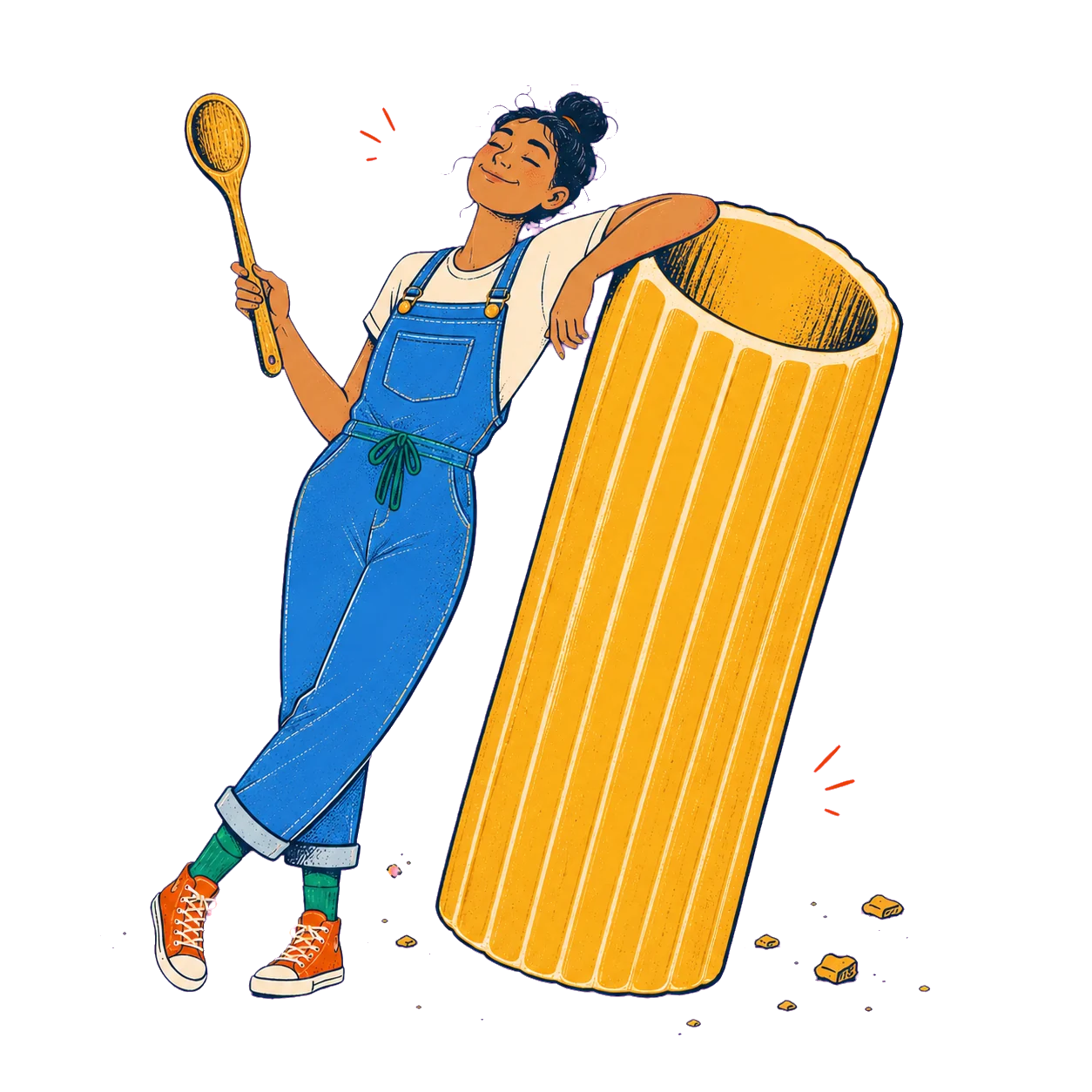 A new cook leaning confidently against an oversized rigatoni.