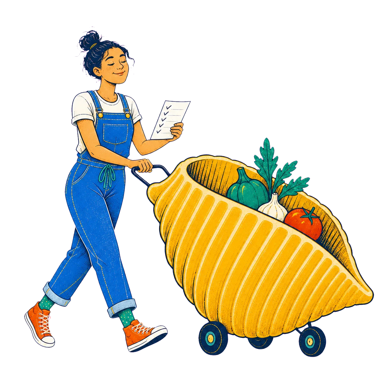A shopper pushing an oversized pasta shell filled with groceries.