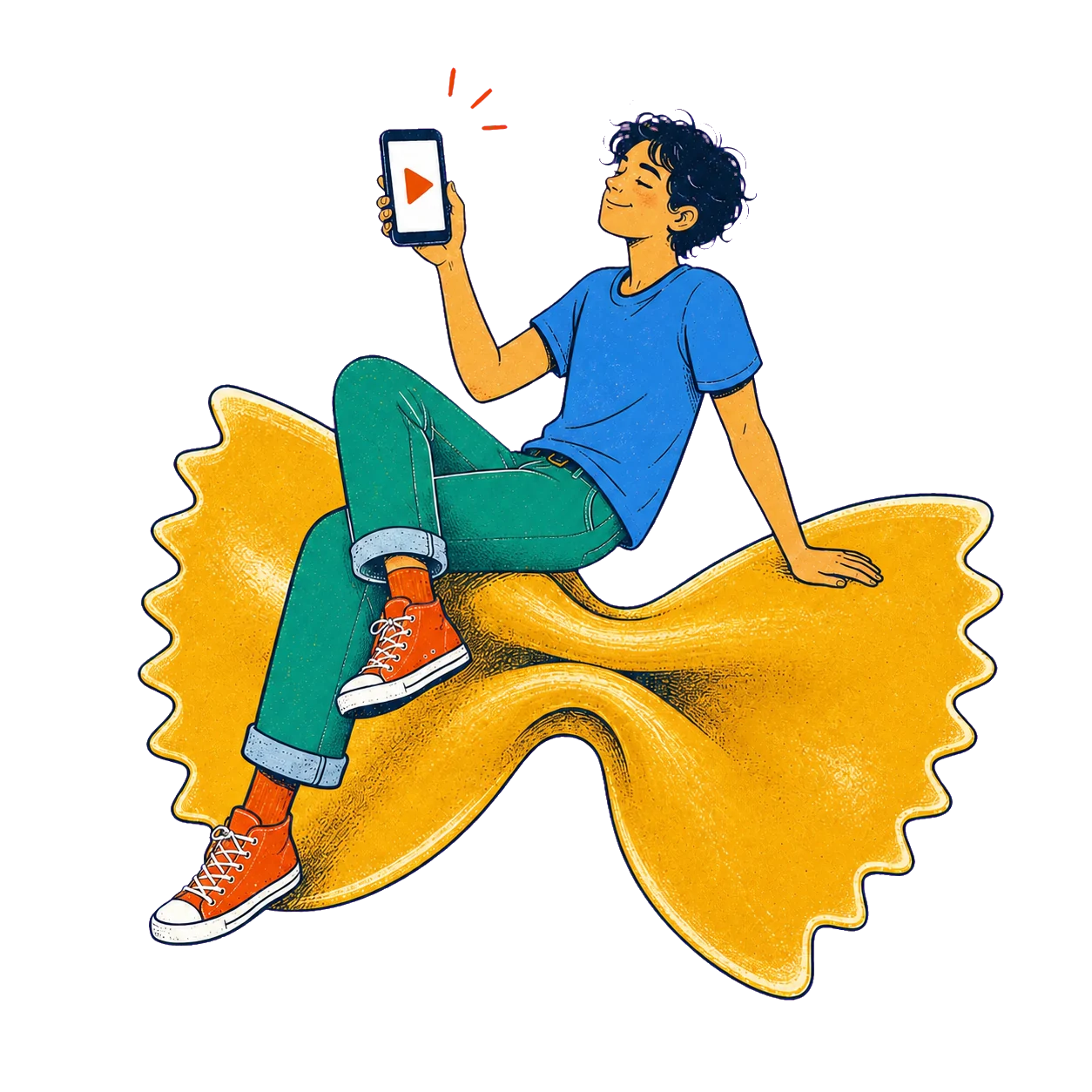 A cook watching a video while sitting on an oversized farfalle.